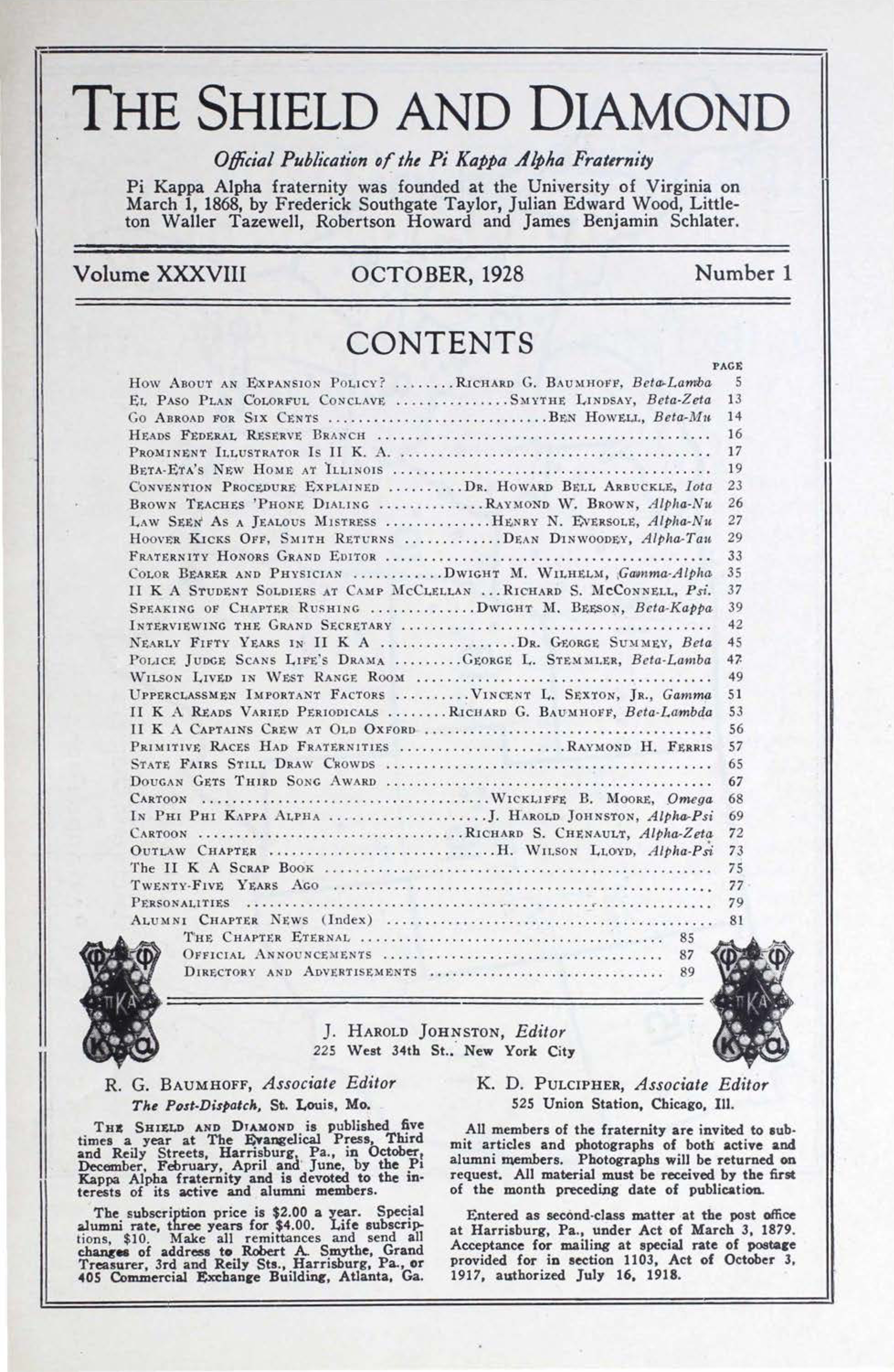 The Shield And Diamond, Vol. 38, No. 1, Table Of Contents